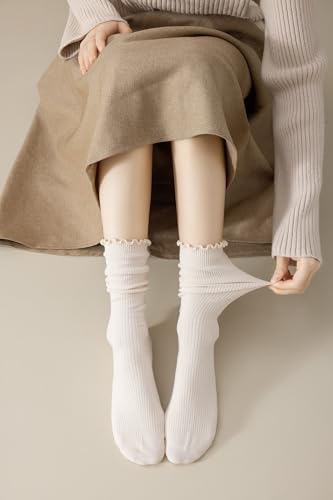 SRYL Ruffle Ankle Socks for Women's,Casual Cute Turn-Cuff Socks Soft Breathable Knit Cotton Lettuce Frilly Crew Socks Women/Girls (3 Pairs (white+light beige+khaki))