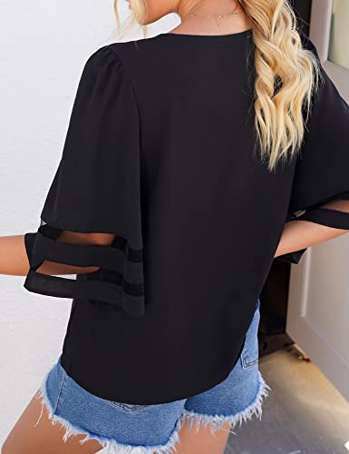 LookbookStore Going Out Tops for Women Blouses for Women Dressy Casual 2024 Summer Black Cute Tops 3/4 Bell Sleeve Loose Shirt Tops to Wear with Leggings Black Blouse Size XL Size 16 18