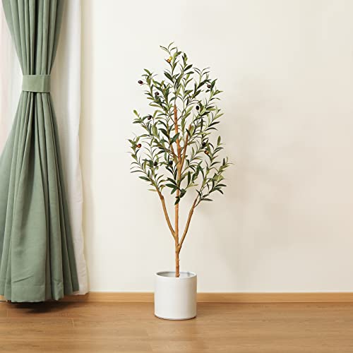 Kazeila Artificial Olive Tree 5FT Tall Faux Silk Plant for Home Office Decor Indoor Fake Potted Tree with Natural Wood Trunk and Lifelike Fruits