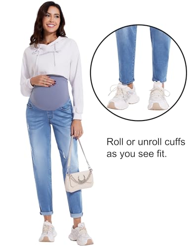 POSHGLAM Women's Maternity Jeans Over Belly Comfy Stretch Boyfriend Jeans Denim Pregnancy Pants(Light Blue, Small)