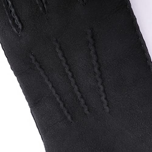 Harssidanzar Men Genuine Leather Lambskin Shearling Gloves,Suede Fur Cuff Thick Wool Lined Heated Warm for Winter Cold Weather Dress Driving Gloves KM043,Black,Size S