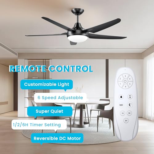 CJOY 54 inch Ceiling Fans with Lights and Remote, Black Ceiling Fan with Light 5 Blades, Dimmable LED 3000K/4000K/6500K, Quiet Reversible DC Motor, 6 Speeds,Timer, Indoor/Outdoor