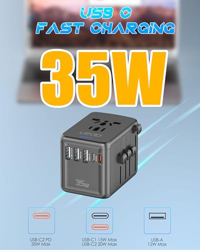 URJD Universal Travel Adapter 35W PD Fast Charging Offers 3X2.4A USB-A Ports, 2X USB-C Ports and Multi AC Outlet, International Plug Converter Worldwide Travel Charger All in One for EU US UK AUS
