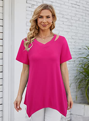 Bulotus Short Sleeve Tunic Tops for Women, Long Shirts for Women to Wear with Leggings Loose Fit Tunic Shirts for Women Summer Dressy Purple Flowy Tops to Hide Belly Casual Wear, Purple, L