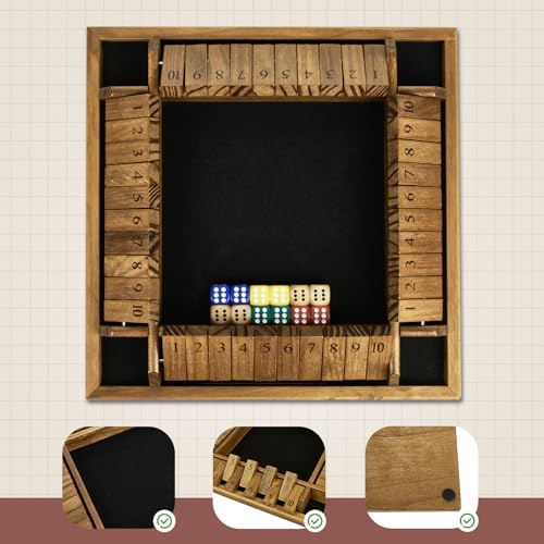 VAMSLOVE Shut The Box Dice Game Wooden Board for 2-4 Player, 4 Sided 10 Numbers Math Games with 8+4 Dices Close The Box for Kids Adults(Instructions Included)