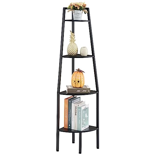 Hoctieon Corner Shelf, Industrial 4-Tier Corner Bookshelf, Rustic Corner Ladder Shelf, Corner Bookcase for Small Spaces, Corner Shelf Stand, Tall Corner Shelf, Black