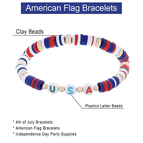 Taouzi 4th of July Bracelets for Women Handmade Elastic American Flag Bracelets Vsco Boho Polymer Clay Beads Bracelets for Women Independence Day Party Supplies 7Pcs Style 1