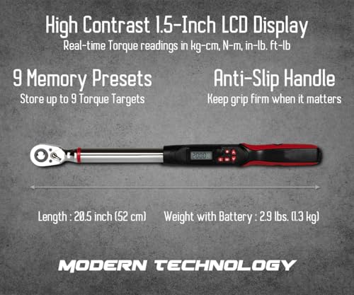 Tapha Tools 3/8 inch Digital Torque Wrench 5-99.5 ft-lbs (6.8-135 N-m) Torque Range ±2% Accuracy, LED and Buzzer Notification, Preset Memory, ISO 6789 Tested and Calibrated