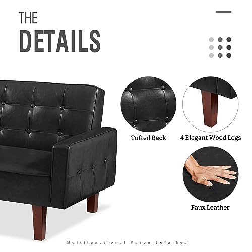 IULULU Futon Sofa Bed, Modern Convertible Faux Leather Sleeper Couch with Armrests for Studio, Office, Apartment, Compact Living, Game Room, Overnight Guests, Brown