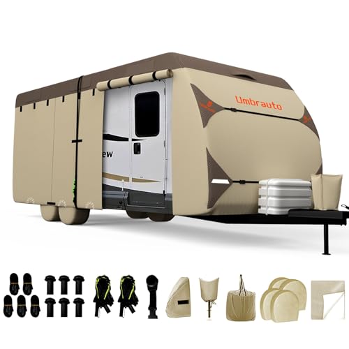 Umbrauto Travel Trailer RV Cover 2024 Upgraded 7 Layers Top 3 Layers Side Waterproof Camper Cover for 35' to 38' RV with 4 Trailer Tire Covers,Tongue Jack Cover,Gutter Cover and Extra Windproof Ropes