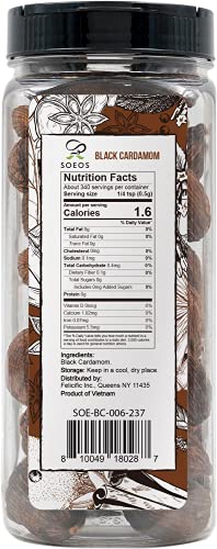 Soeos Black Cardamom 6 Ounces, NON GMO Verified, Kosher, Asian and India Cooking Spice, Smoky Flavor, Freshly Dried Cardamom, Cardamom Seeds, Cardamom Pods for Cooking, Whole Kali Elaichi, 6oz.