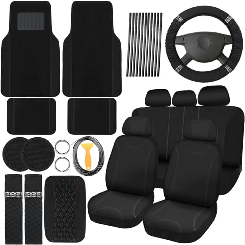 BBTO 43 Pcs Bling Car Accessories Set for Women Front Seats and Rear Bench Polyester Car Seat Protectors Wheel Cover Seat Floor Mats Full Crystal Automotive Interior Decor(Black)