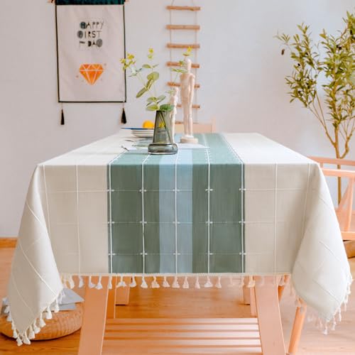 BESBESME Rustic Linen Plaid Table Cloth Boho Style Cream,Kitchen Dining Room Tablecloths for Square Tables, Washable Wrinkle Resistant,Blue/Green 55 x 55 inches