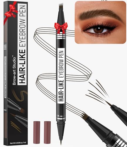 Microblading Eyebrow Pen - Eyebrow Pencil Magical 2-in-1 Dual-Ended Waterproof Eye Brow Pencils for Women with 4-Fork-Tip & Precise Brush-Tip for Natural Hair Like Strokes, Last All-Day, Light Brown