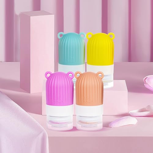RONRONS Travel Bottles, 1oz Silicone Sauces Salad Condiment Oil BBQ Squeeze Bottles, Mini Leak Proof TSA Approved Dressing Container for Shampoo Toiletries Conditioner (4 Pieces)