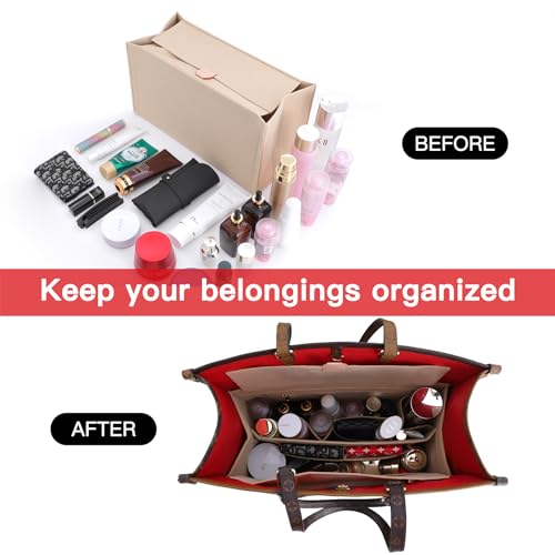 Doxo Purse Organizer Insert, Felt Bag in Bag with Zipper, Perfect for L ONTHEGO MM 35 & Small D Book Tote Medium(Beige-With Cover, L)