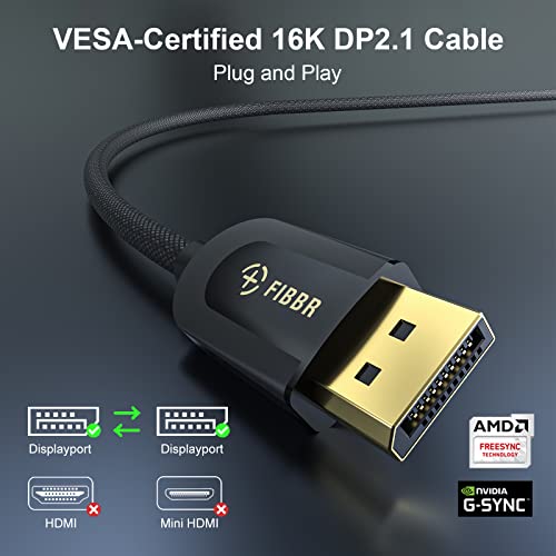 FIBBR 16K DisplayPort Cable 2.1, VESA Certified DP Cable 3.3ft, 40Gbps Display Port Cord Support 16K@30Hz, 10K@30Hz, 8K@60Hz, 4K@165Hz, HDR, HDCP2.2, DSC 1.2a for FreeSync G-Sync Gaming Monitor TV PC