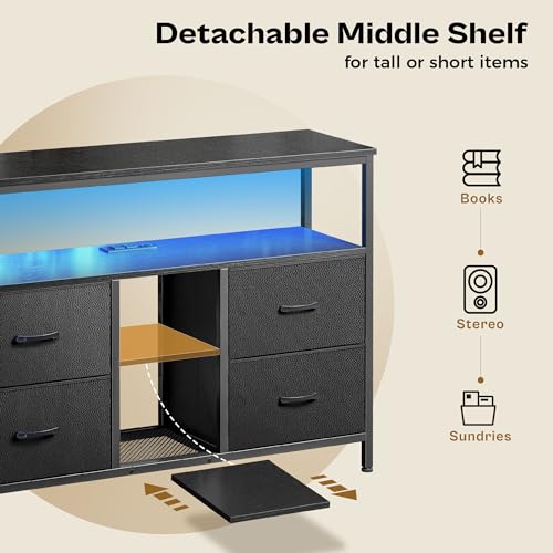 Huuger TV Stand Dresser with Power Outlets and LED Lights, 4 Drawers Entertainment Center with Open Shelf, Media Console for 50 43 Inch TV, Dresser with PU Finish, Black