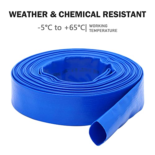 DAVCO 3" x 100 ft Pool Backwash Hose, Heavy Duty Reinforced Blue PVC Lay Flat Water Discharge Pump Hoses For Swimming Drain Pools and Clean Filters,with 1 Clamp