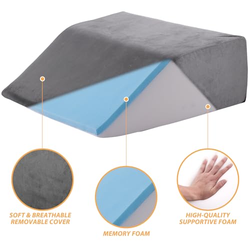 Bedluxe Leg Elevation Pillows, Leg Pillows for Sleeping, Cooling Gel Memory Foam Top, Wedge Pillow for Legs, Leg Wedges for Circulation, Swelling, After Surgery - Removable Cover (6 Inch, Grey)