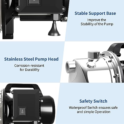 Lanchez 1 HP Shallow Well Pump,Garden Pump, Portable Stainless Steel Water Transfer Draining Irrigation Jet Pump for Water Removal, Lawn Fountain Pump 1294 GPH 147 Feet Height