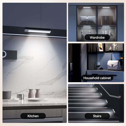 xinp Under Cabinet Lighting, 3 Color Magnetic Motion Sensor Light Indoor, USB Rechargeable Closet Lights 1800mAh Battery Operated, Wireless Dimmable Under Counter Light Bar for Kitchen,Hallway