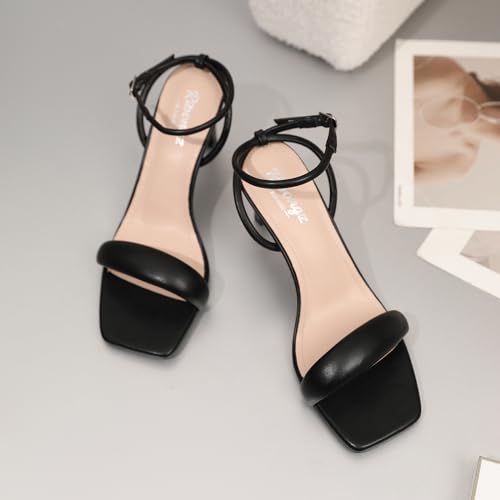 RIBONGZ Womens Sandals Dressy Fashion Black Strappy Kitten Heels Square toe Sexy Stiletto High Heels Comfortable Wedding Party Evening Prom Summer Bridal Shoes 6.5