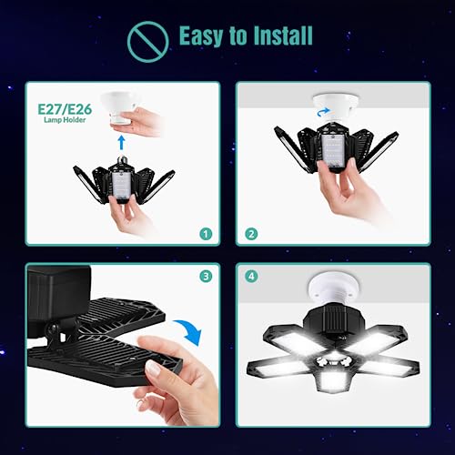 BRAINIAC LED Garage Light Bulbs, 100W 10000LM Garage Lighting with 5 Adjustable Panels, E26/E27 Garage led Lights Screw in Deformable Garage Led Ceiling Light Fixture for Warehouse, Corridor, Stadium