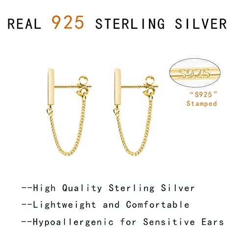 Reffeer 925 Sterling Silver Stud Earrings Minimalist Bar Earrings with Chain Dangle Earrings For Women (C-Yellow)