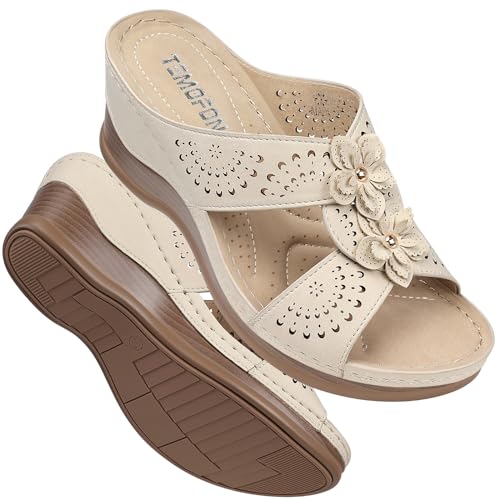 TEMOFON Womens Wedge Sandals Leather: Casual Dressy Women Beige Summer Platform Wedge Sandals Slip on Low Heels Comfortable Walking Size 6