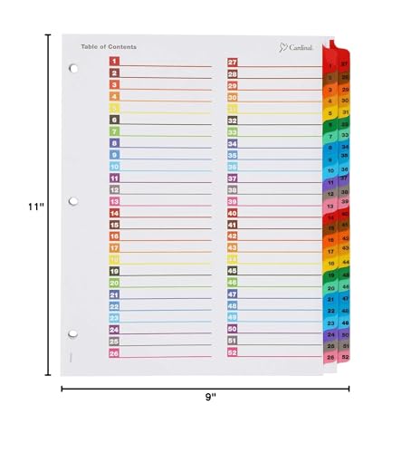 Cardinal OneStep Binder Dividers, 52-Tab, Customizable Table of Contents, Reversible Multicolor Tabs, Numbered 1–52, 1 Set (60990)