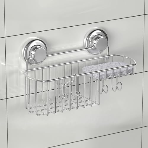 HASKO Suction Cup Shower Caddy Basket for Shampoo, Shower Suction Shelf Organizer, Basket with Soap Holder and Hooks, Stainless Steel Shampoo Holder for Bathroom Storage (Chrome)