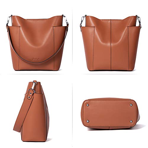 BOSTANTEN Genuine Leather Bucket Handbag Designer Hobo Shoulder Bags Tote Purses and Handbags Set with Clutch Purse Brown