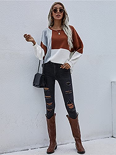 ECOWISH Women Sweater Long Sleeve Color Block Knit Pullover Sweaters Crew Neck Patchwork Casual Loose Jumper Tops Red Medium