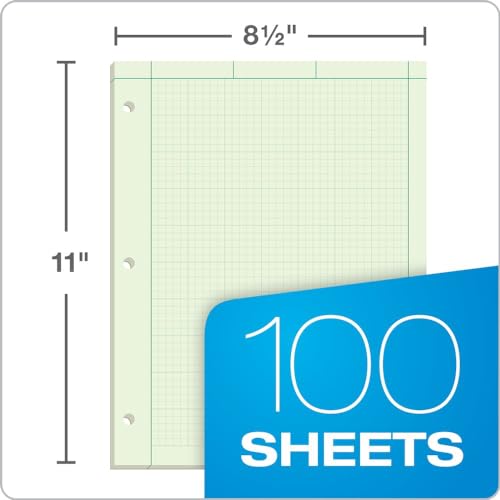 TOPS Engineering Computation Pad, 8-1/2" x 11", Glue Top, 5 x 5 Graph Rule on Back, Green Tint Paper, 3-Hole Punched, 100 Sheets (35500)