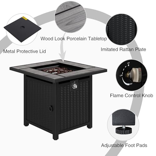 Meilocar Fire Table 28in Propane Fire Pit with Rain Cover and Volcanic Stone, Outdoor Firepit Table 50000 BTU 3-in-1 Patio Firepit Table for Garden/Yard/Balcony, Gray Tabletop