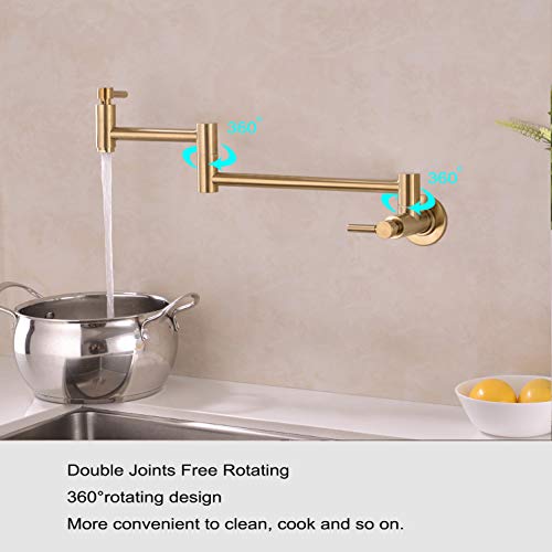 Fonveth Brushed Gold Wall Mounted Pot Filler Kitchen Faucet, Dual Handles, 1/2 IPS Male Threaded - 14 NPT inlet