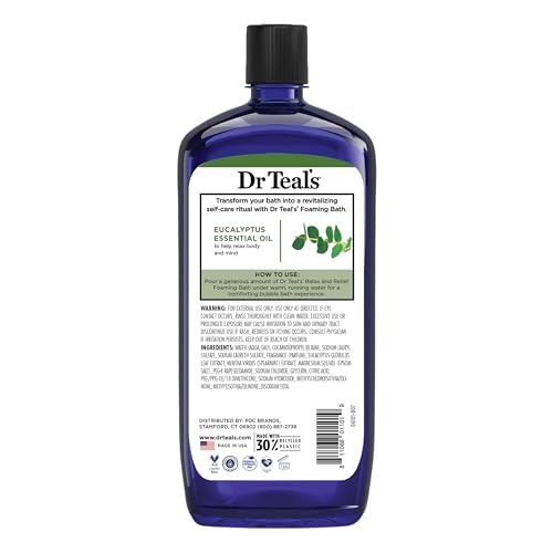 Dr Teal's Foaming Bath with Pure Epsom Salt, Relax & Relief with Eucalyptus & Spearmint, 34 fl oz (Pack of 4) (Packaging May Vary)
