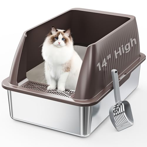 Hobya 14" XL Stainless Steel Litter Box for Cats, Enclosed Metal Litter Box with Lid, Extra Large Kitty Litter Box with High Sides for High Peeing Cat, Easy to Clean, Non-Sticky, Including Scoop