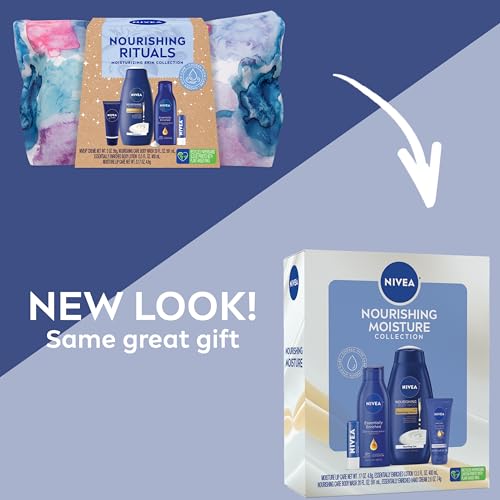 NIVEA Nourishing Moisture Collection Skin Care Set, Nourishing Care Body Wash, 20 Fl Oz Bottle + Body Lotion, 13.5 Fl Oz Bottle + Hand Cream, 2.6 Oz Tube + Moisture Lip Care Balm, 0.17 Oz Stick