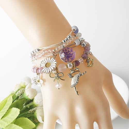 DS Beaded Charm Bracelets for Teen Girls Cute Cartoon 4 PCS Crystal Beads Pearl anime Bracelets for woman girls Adjustable Stretch bracelet anklets birthday Gift For daughter Friends-Purple Dolphin