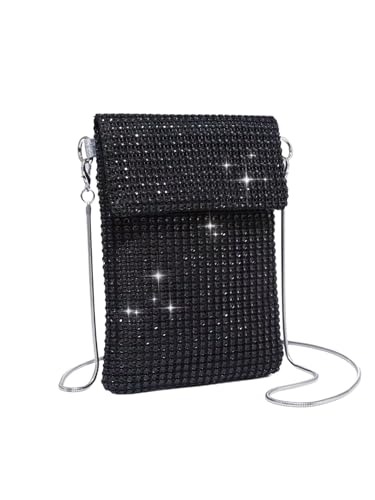 Verdusa Women's Crossbody Bag Glitter Rhinestone Evening Bag Purse Sequin Wedding Handbag Black one-size