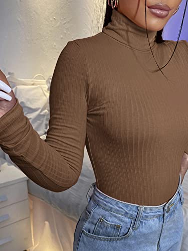 SweatyRocks Women's Long Sleeve Turtleneck Ribbed Knit Pullover Sweater Top Plain Brown S