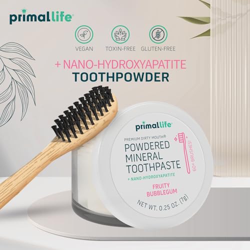 Primal Life Organics - Dirty Mouth Toothpowder, Tooth Cleaning Powder, Flavored Essential Oils with Natural Kaolin & Bentonite Clay, Good for 200+ Brushings, Organic, Vegan (Sweet Bubblegum, 0.25 oz)
