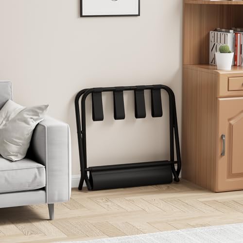 Smuxee Black Luggage Rack, Foldable Suitcase Stand with Fabric Storage Shelf, Luggage Holder with 4 Nylon Straps for Guest Room Bedroom Hotel