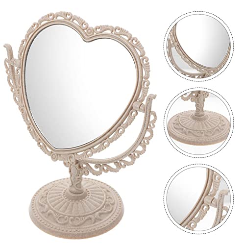 AKOAK Heart-Shaped Cosmetic Mirror - Plastic, Double-Sided, Rotatable, Lightweight - Bathroom & Bedroom Mirror (Beige)