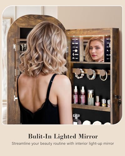 Nicetree LED Mirror Jewelry Cabinet, Rounded Jewelry Armoire Cabinet, Lockable Wall or Door Mounted Jewelry Organizer with Interior Mirror, Wide Mirror with Jewelry Storage, 2 Drawers, Rustic Brown