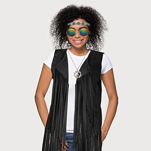 6 Pcs 60s 70s Outfits for Women Hippie Costume Accessories Fringe Vest Sunglasses Necklaces Earring Headband(Black,Small)