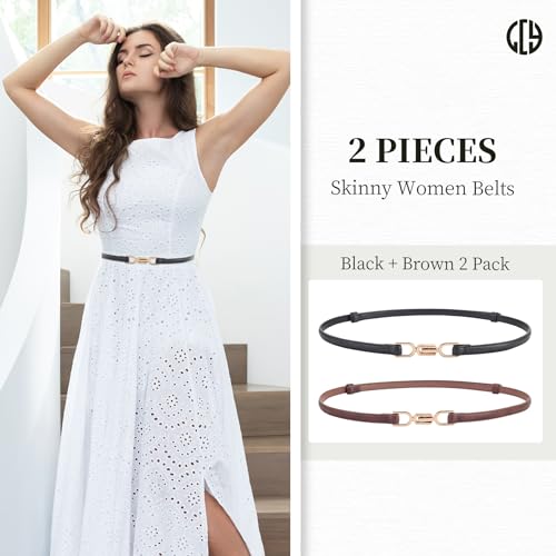 LCG LUCHENGYI 2 Pack Women Leather Skinny Belt Adjustable Thin Waist Belt Ladies Fashion Belts Golden Buckles for Dresses