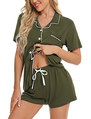 SWOMOG Womens Button Down Pajamas Set Short Sleeve Sleepwear Bride Soft Pj Lounge Sets XS-3XL Oxford Blue Small